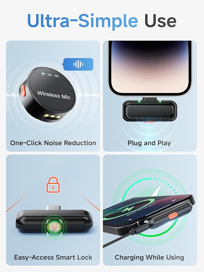 Wireless Lavalier Microphone for iPhone 15/16 & Android & PC, Magnetic Clip-On Lapel Mic with 2.4G Noise Canceling, Plug-Play Mini Microphone for Video Recording, Interviews, TikTok, YouTube