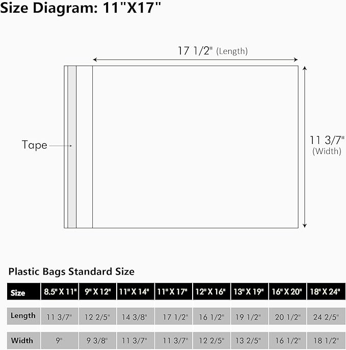 50 Pack Acid-Free Crystal Clear Sleeves Storage Bags for 11x17 Art Prints/Pictures/Photos/Framing Mat Mattes (Bag Size: 11 3/7" x17 1/2")