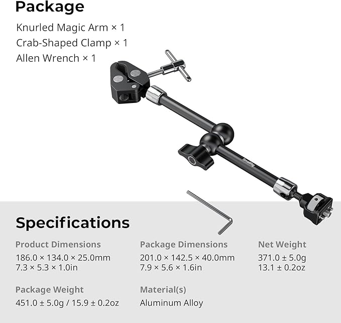 SMALLRIG 11 Inch Magic Arm with Crab-Shaped Clamp, Arm with 1/4"-20 Screw and Retractable Pins, for Action Cameras, Monitors, Video Lights, and Microphones - 5311