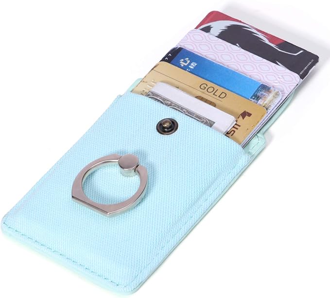 Credit Card Holder for Back of Phone with Ring Stand Stick on Phone Wallet,Ultra-Slim Self Adhesive,RFID Blocking Ring Pocket Wallet Stick on Most Smartphones(Finger Ring Mint)