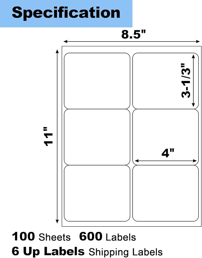 600 Pcs 6 Up Labels,4" x 3-1/3" Shipping Address Labels for Laser & Inkjet and Copier Printer, 100 Sheets 6 Labels per Page Sheets Blank Mailing Labels, 6 per Sheet Barcode Labels Sticker
