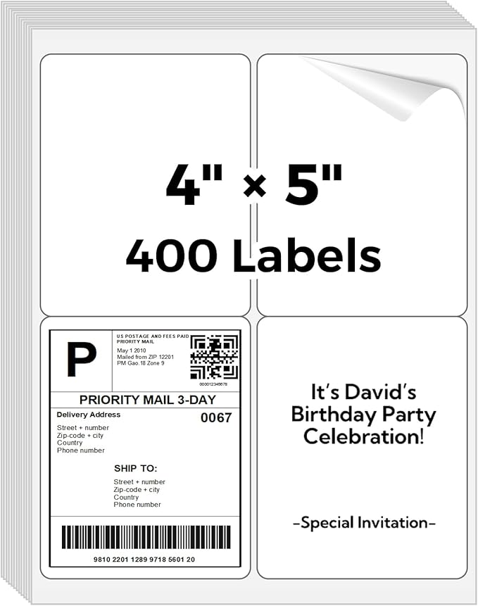 Mailing Labels for Laser/Inkjet Printer, Address Labels Stickers - 100 Sheets 4” x 5” 4 up Printable Sticker Paper, 400 Shippping Label for Packages