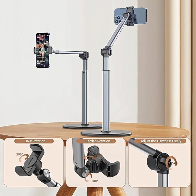 yAyusi Heavy Duty Aluminum Overhead Tripod for iPhone, 13.7 in Long Overhead Phone Mount, Flexible Articulating Arm Phone Mount for Desk for Live Streaming, Meeting, Cooking