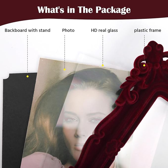 Vintage 4x6 Frame with Stand for Shelf End Table Decor, Old-fashioned Decorative Photo Frame for Victorian Home Decor, Small Picture Frame for Grandparents Memorial Housewarming (Wine Red)