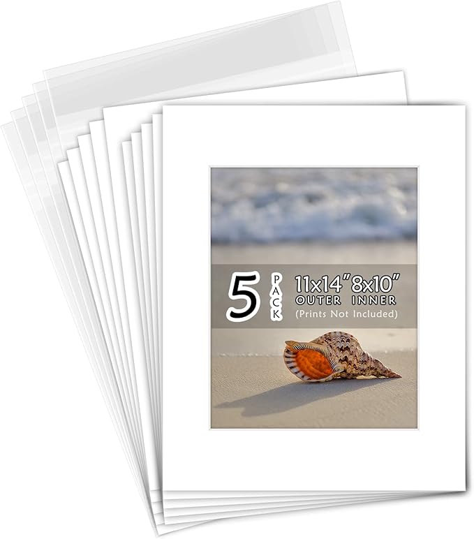 Golden State Art, Acid Free, Pack of 5, 11x14 White Picture Mats Mattes with White Core Bevel Cut for 8x10 Photo + Backing + Bags