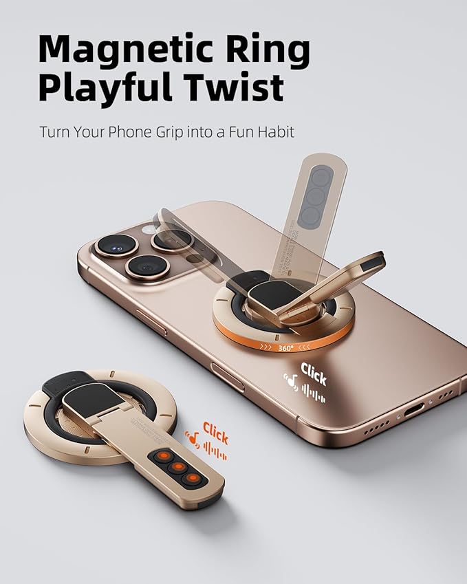 TODI for MagSafe Phone Grip Stand, 3-in-1 Magnetic Finger Ring Holder with Double-Sided Magnet, Fidget Toy Design, Magnetic Phone Stand for iPhone 16/15/14/13/12 Series (Gold)