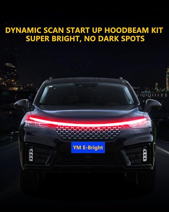 YM E-Bright Led Hood Light Strip Exterior Led Strip Lights for Cars Waterproof Flexible DRL Dynamic Scan Start Up Hoodbeam Kit Daytime Running Lights for Car,Truck,SUV,12V 70inch,Red,1 Set