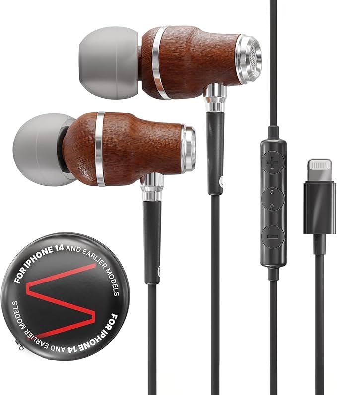 Symphonized iPhone Earphones Wired Deep Bass Sound, 3D Sound, Microphone Volume Control, 90% Noise Cancelling, Bubinga Wooden with Lightning (Apple MFI Certified), iPhone SE to 14 Earbuds (Black)