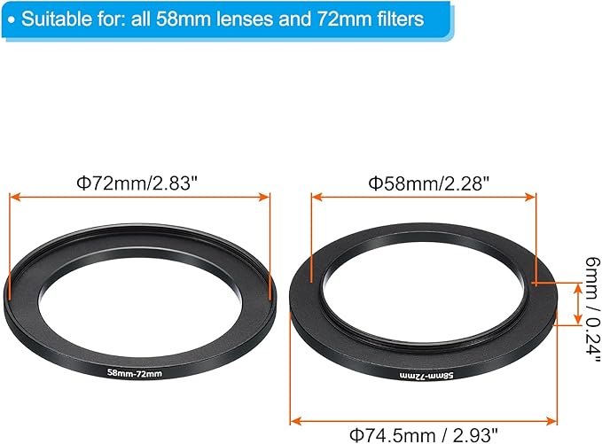 PATIKIL 58mm-72mm Metal Step Up Ring, 2 Pack Camera Lens Filter Adapter Ring Aluminum Filter Adapter Ring for Camera Lenses Hood, Black