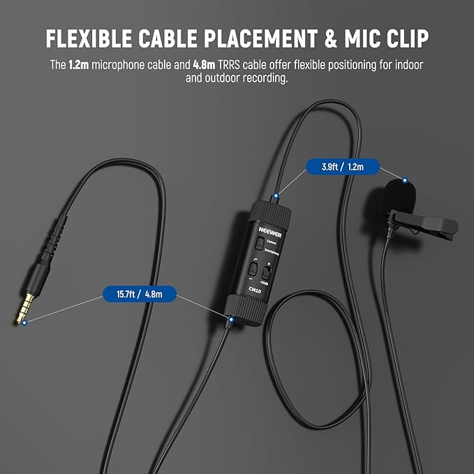NEEWER 3.5mm TRRS Lavalier Lapel Microphone Plug & Play Mini Clip on Mic Omnidirectional Condenser for Camera Phone PC, Low Frequency Cut, Gain Control, Monitoring Headphone Jack, CM10