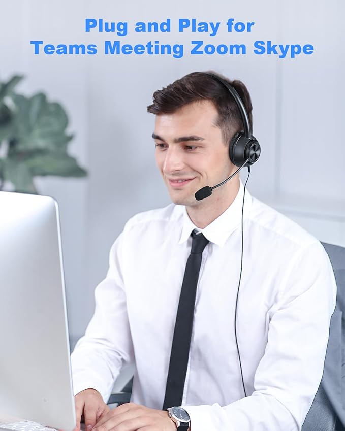 USB Headset with Microphone for PC, Computer Headset with Mic, Wired Headset with USB-A & Type-C, Mute, In-Line Controls Call Center Headphone for Work PC Laptop Office Phone Meeting Zoom Skype