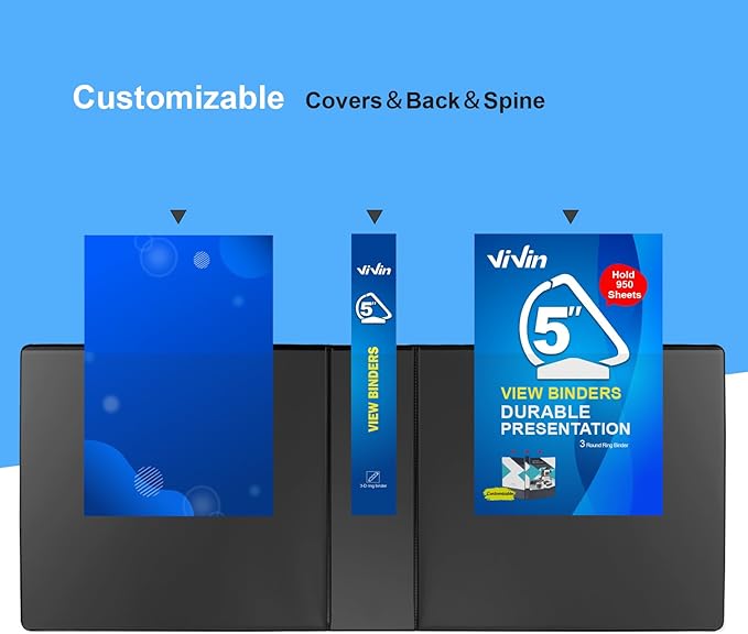 ViVin Durable 5 inch D Ring View Binder, Large 5" Slant-D Ring with 950-Sheet Capacity, Fit 8.5" x 11" Paper, 2 Pack(Black)