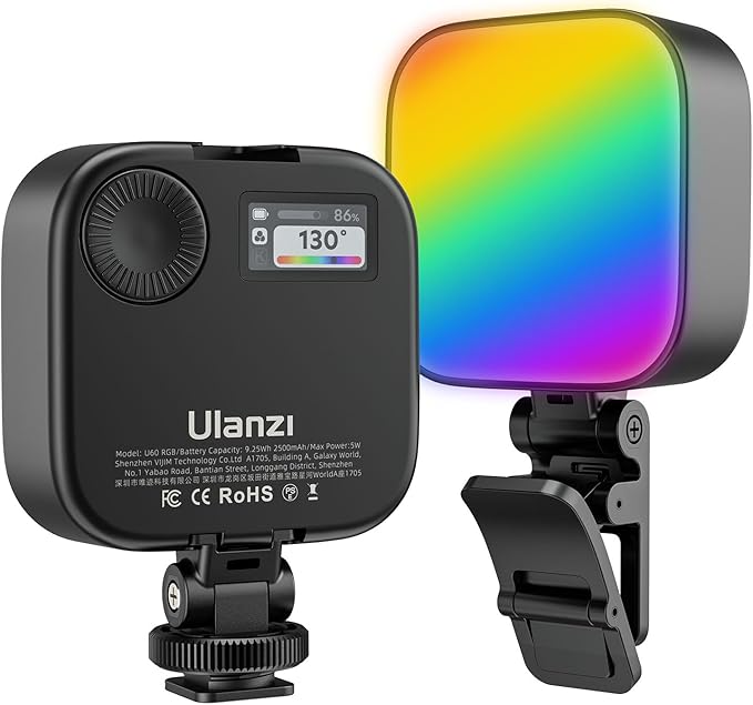 Ulanzi U60 RGB Video Light, Portable LED Camera Light with 360° Color CRI≥95 2500-9000K Dimmable Panel Lamp,2500mAh LED Panel Photography Lighting w Quick Release Cold Shoe Adapter and Clip-Black