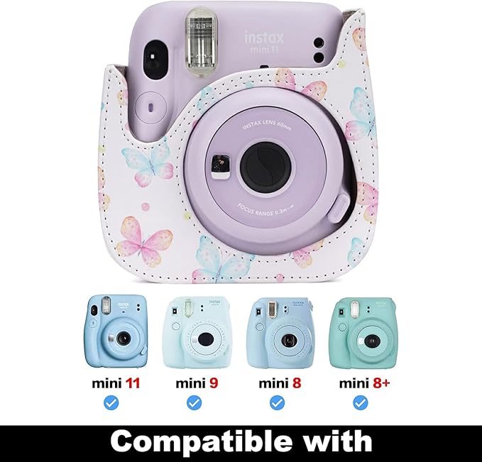 Frankmate Instant Camera Case Compatible with Fujifilm Instax Mini 11/9/8/8+ PU Leather Bag with Pocket and Adjustable Shoulder Strap Mini Photo Album (Pink Butterfly)