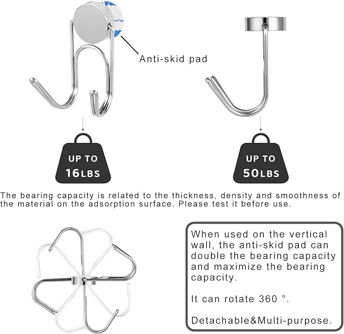 Buelkmag Magnetic Hooks 50Lbs+ 2026 Cruise Essentials Magnet Hook Heavy Duty Magnets Swivel Hanging Hooks for Refrigerator Grill Toolbox Cabins Outdoor 4 Pack（Silver）