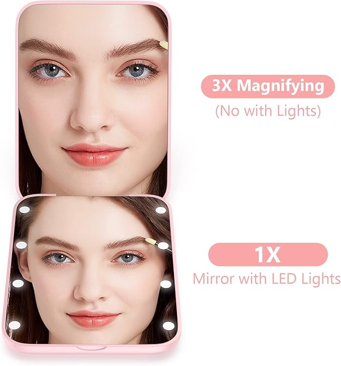 WOBSION Small Mirror with Lights,LED Compact Makeup Mirror,1x/3x Mini Travel Mirror with Magnification,Portable for Purse,Pocket,Gifts for Girls,Pink