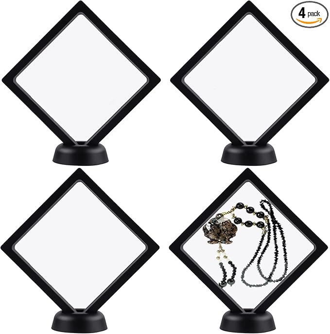 4Pcs 3D Floating Frame Display Holder Stands, Black for Ring Necklace Bracelet Earring Military Challenge Coin, 4.33x4.33 Inch