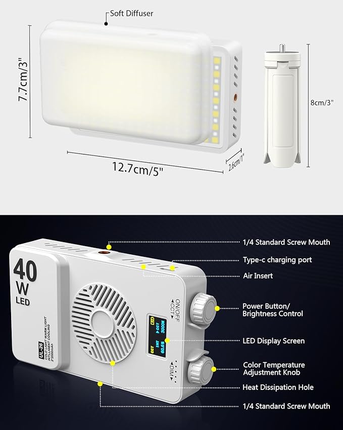 40W Portable LED Video Light, 4000mAh Camera Light, 3000-7000K, CRI/TLCI≥95, 215g LED DSLR Photography Lighting for YouTube/TikTok/Vlogging