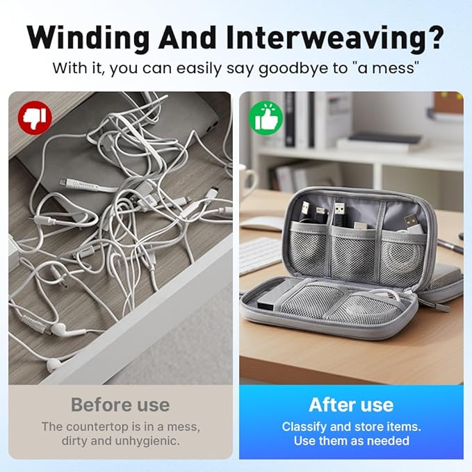 Travel Cable Organizer Pouch, 2026 Updated Cord Organizer Box, Double Layers Electronics Cable Organizer Box, All in One Cable Organizer Bag for Cable, Cord, Charger, Adapter, SD Card (Gray)