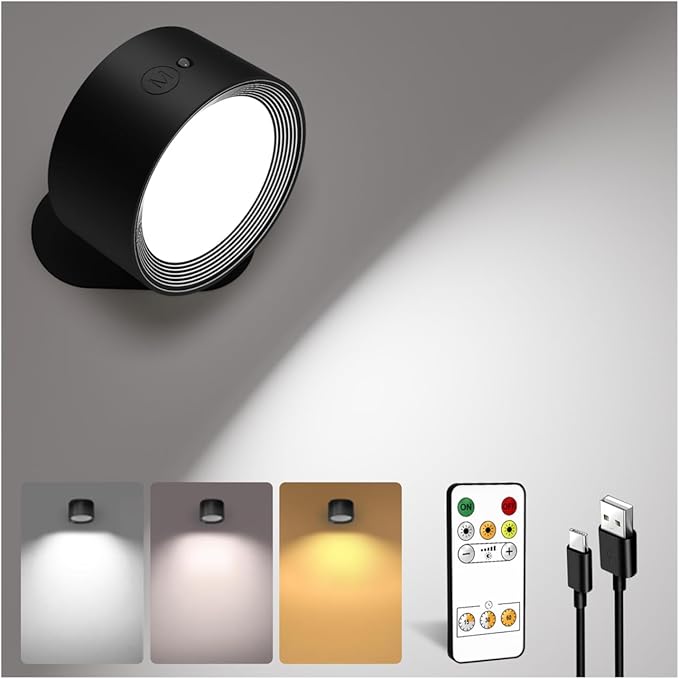 LED Wall Mounted Lights, Rechargeable Wall Sconces Lamp, 3 Color Temps & Remote and Touch, 360°Rotation Dimmable Cordless Wall Light for Study Bedroom Reading Bedside(Black, 1 Pack)