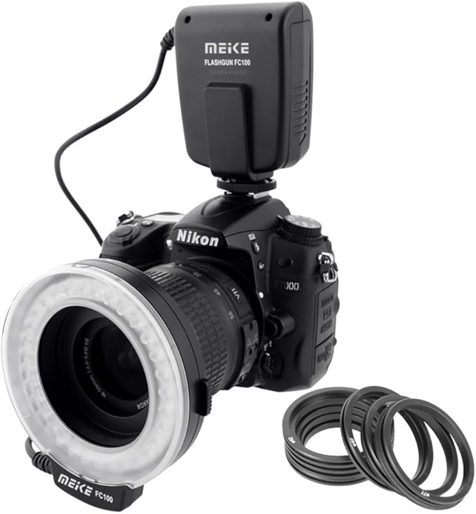 Meike LED Macro Ring Flash Light FC-100 Compatible with Canon N Pentax Olympus DSLR Camera Camcorder with Adapter Rings