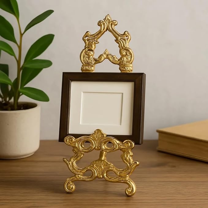 Brass Easel Display Stand – Ornate Victorian Gold Finish, 6″H x 2.5″W | Vintage Tabletop Frame & Plate Holder
