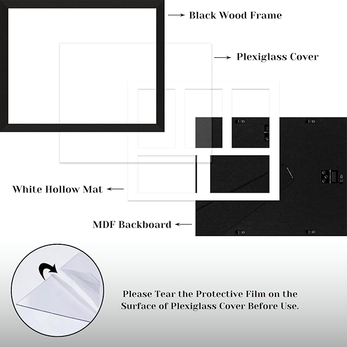 4"x6" Wood Photo Collage Frame 5 Openings, 11"x14" Multi Picture Frame Collage Wall Decor, Brushed Black Frame with White Mat, Solid Pine Wood