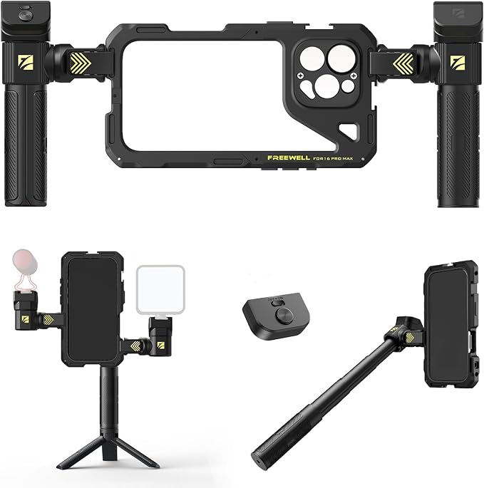 Freewell Genius Rig Cage for iPhone 16 Pro Max - Tool-Free Setup, Multifunctional Tripod and Monopod Handles, Bluetooth Remote