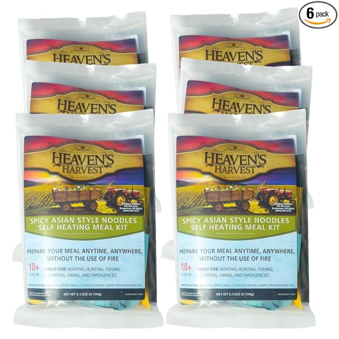 Heaven's Harvest Self-Heating Emergency Meal Kit (10 Year Shelf Life) — Tastier than MRE Meals & Ready-To-Eat in Minutes! Just add water to activate the “cooking” process. (Spicy Noodles) (6-Pack)