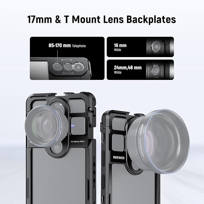 NEEWER Xperia PRO-I Cage, Quick Release Video Rig Case Phone Stabilizer Holder for Recording Filming, 67mm Filter Adapter, 17mm Lens Backplate, T Mount Backplate Compatible with Moment Sony, PA086