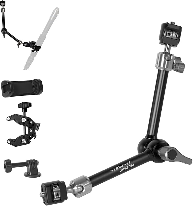 Heavy-Duty Articulating Magic Arm Mount with Super Clamp, 360° Dual Ball Head & 1/4" ARRI Locating Pin&Holes, Camera Monitor Mount for Action Camera Video LED Light (11" Magic Arm w/Clamp)
