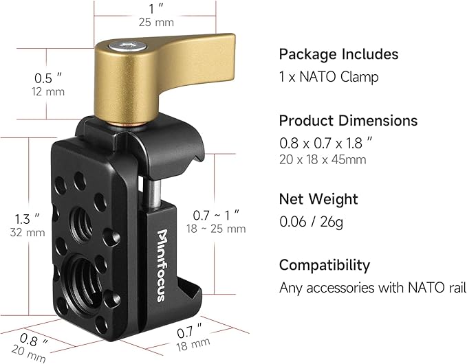 MINIFOCUS NATO Clamp, NATO Rail Lock Clamps Quick Release with 1/4" 3/8" ARRI Thread, Standard NATO Clamp for Camera Cage Friction Arm Ballhead Cold Shoe Monitor Mount