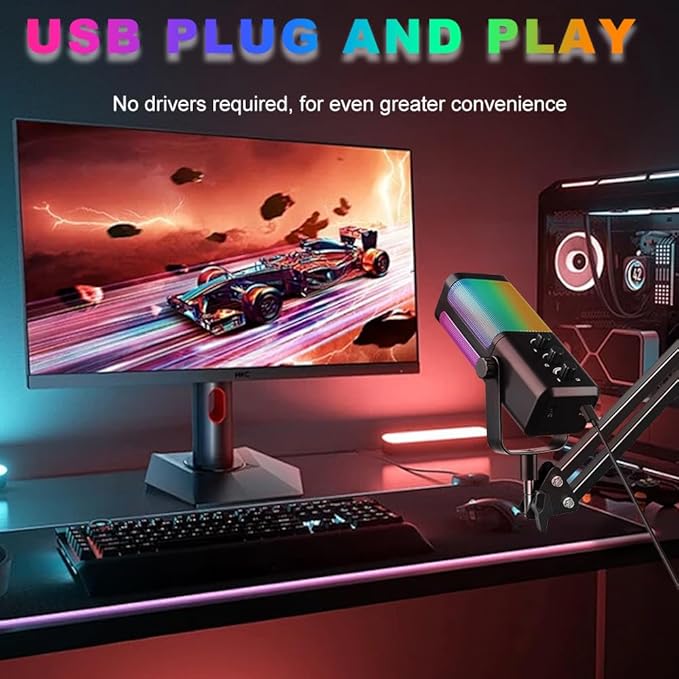 USB Gaming Microphone with Boom Arm - Professional RGB Condenser Mic for PC/PS5 - Triple-Knob Control (Mic Gain, Headphone Vol, Monitor Mix) - Zero Latency Streaming Kit