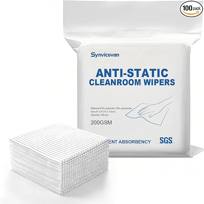 Synvicovan Anti-Static Microfiber Wipes 6"x6"(100 Pcs,Class 100, 200GSM) Lint Free Cloths Reusable Special ESD protection design is suitable for protecting sensitive electronic components and tools