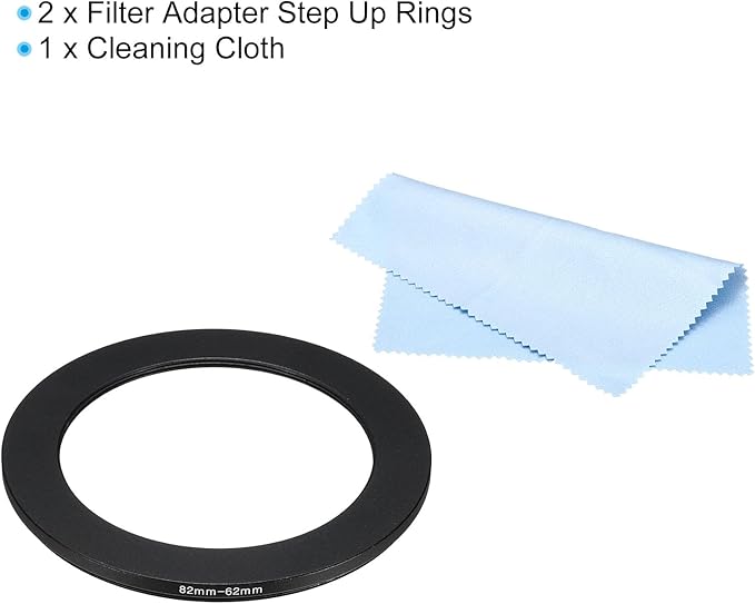 PATIKIL 82mm-62mm Metal Step Down Ring with Cleaning Cloth, 2 Pack Camera Lens Filter Adapter Ring Aluminum Filter Adapter Ring for Camera Lenses Hood, Black