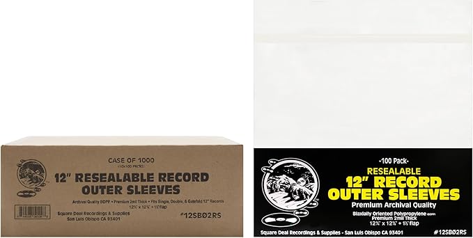 (1,000) 12" Archival Resealable Record Outer Sleeves - Super Clear Premium 2 Mil Thick Archival Quality BOPP #12SB02RS