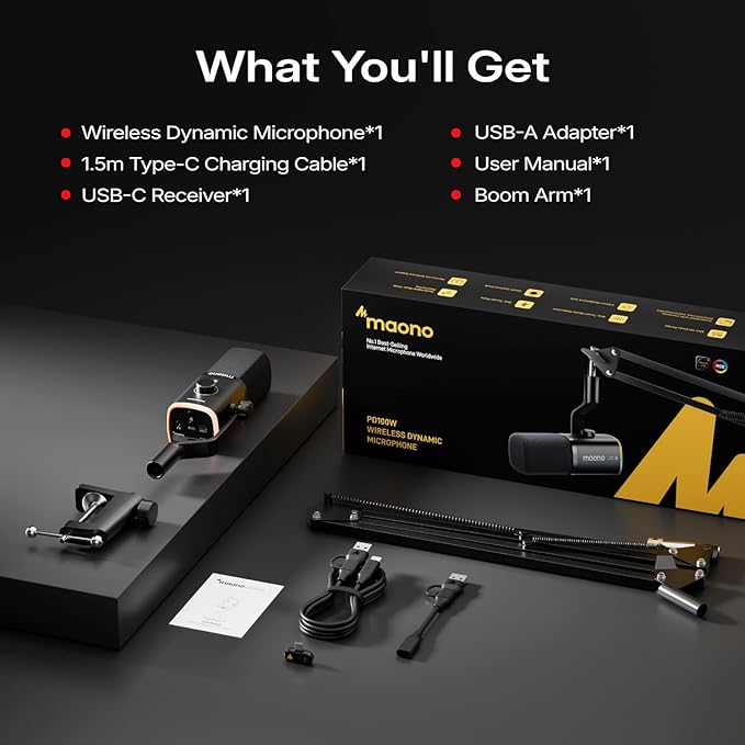 MAONO PD100WS Wireless Gaming Microphone for PC, Dynamic Streaming USB Mic with 3 Level Noise Cancelling,RGB,Mute Button, Software EQ,Computer Boom Mic for Podcast, Vocal Recording, Black