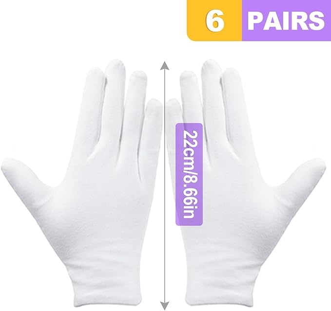 ZeriLion 6 Pairs White Cotton Gloves Soft Dust-Free Hand Gloves for Men Women Art Crafting Coin Watch Handling Dry Hands Sleeping