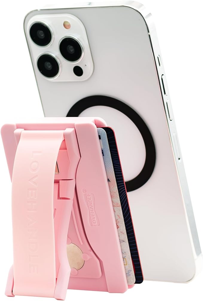 LOVEHANDLE Phone Wallet with Kickstand and Adapter Ring for MagSafe, Phone Card Holder, Wireless Charging Compatible, Wallet Compatible with MagSafe - Light Pink