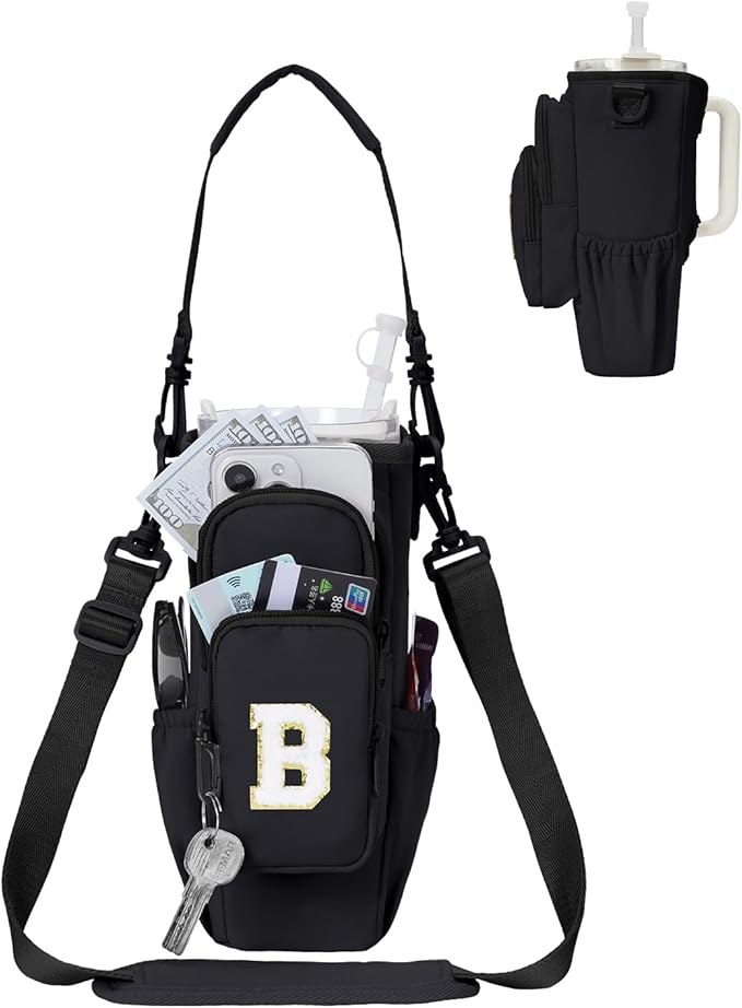 sportsnew Birthday Gifts for Women Personalized Initial Water Bottle Holder with Strap fits most 40oz Tumbler with Handle Water Bottle Carrier Bag with Phone Pocket & Straw Topper Tumbler Accessories