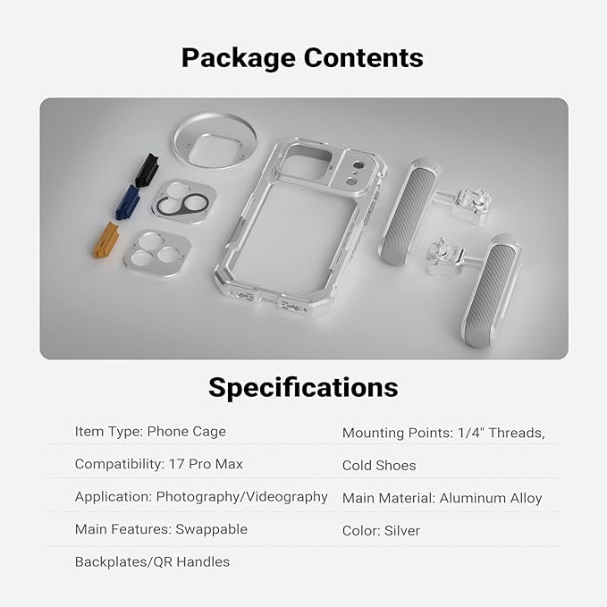 NEEWER Phone Cage Kit Compatible with iPhone 17 Pro Max Only, Video Rig Stabilizer Accessories with 67mm Filter Ring, 17mm Lens Backplate, T Mount Adapter, Two Quick Release Handles, PA144 (Silver)