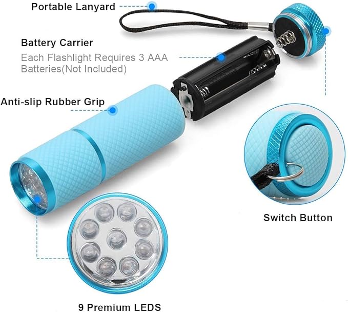 AHIER 9 LED Glow in Dark Flashlights, 4 Pack Rubber Coated Small Flashlights with Straps, Portable Handy Lights for Camping, Hiking, Indoor, Assorted Colors