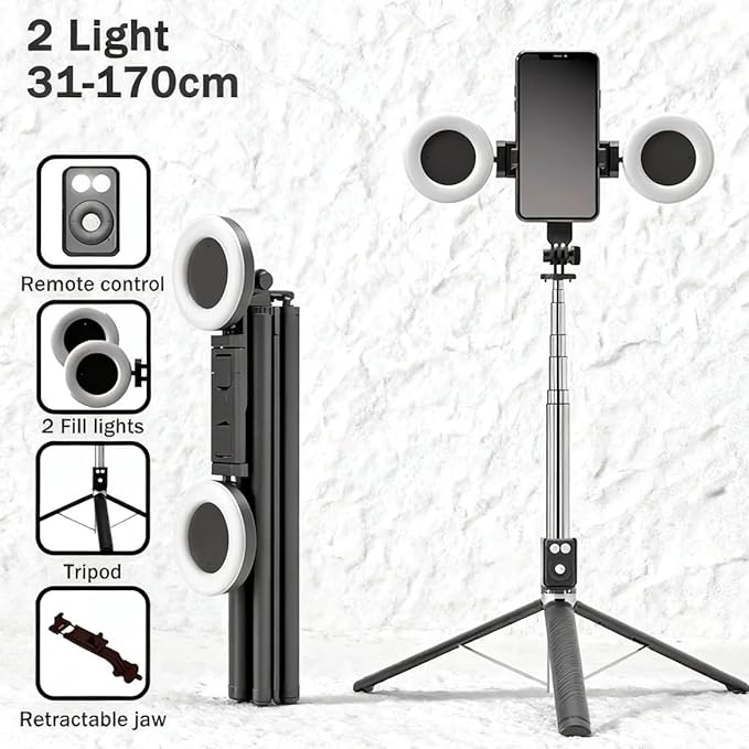 Black Tripod for iPhone with Light, Ring Light Holder for iPhone, Adjustable Selfie Stick Stand with Fill Light, Extendable Phone Tripod for Video Recording, Live Streaming, and Photography