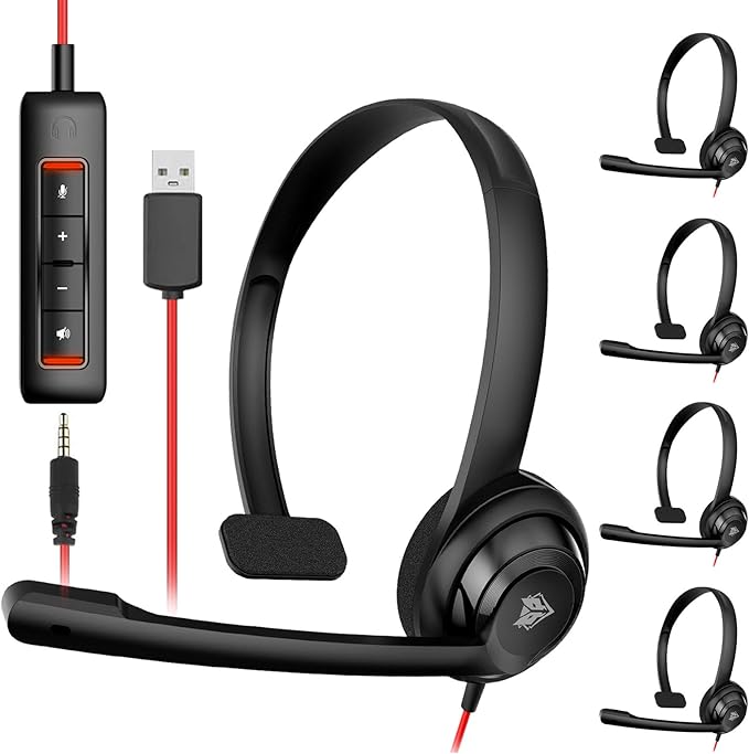 NUBWO HW02 USB Headset with Microphone Noise Cancelling &in-line Control, Ultra Comfort Computer Headset for Laptop pc, On-Ear Wired Office Call Center Headsets for Boom Skype Webinars, 5 Packs