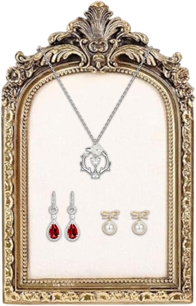 Vintage Jewelry Display Frame - Resin Vintage Photo Frame, Shabby Chic Jewelry Stand | Velvet Backing Handmade Necklace Organizer, Antique Style Earring Holder For Women Girls Bedroom Dresser Table