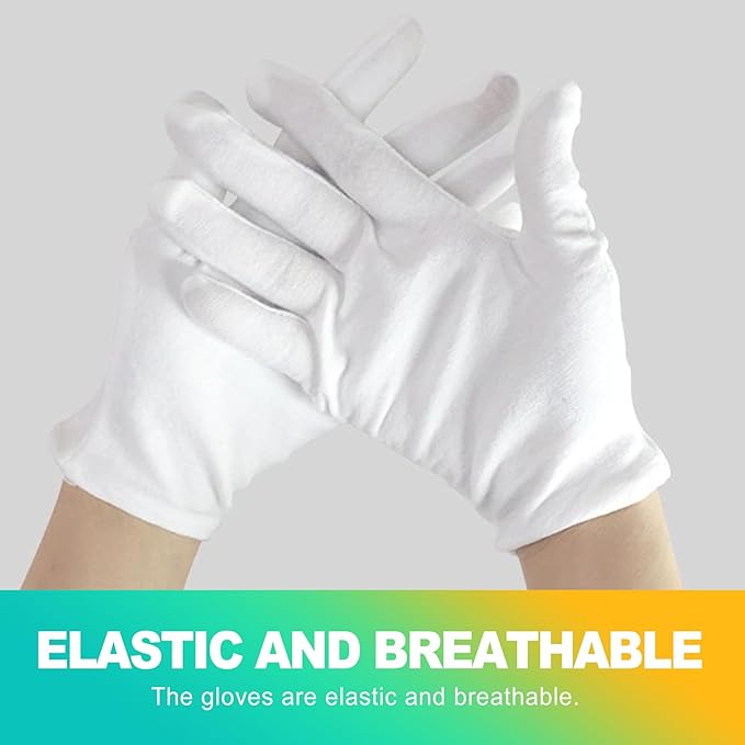KornaDoz 6 Pairs White Cotton Gloves, Thin Inspection Gloves for Women and Men, Soft for Dry Hands, Works for Coin, Art Handling and Archival