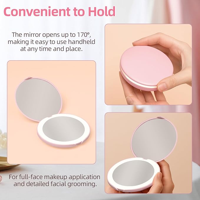 Compact Mirror with Light, Dimmable Pocket Mirror, Rechargeable Mini Mirror for Purse, Pocket, Travel and Present, Folding, Handheld, 2-Sided, Round