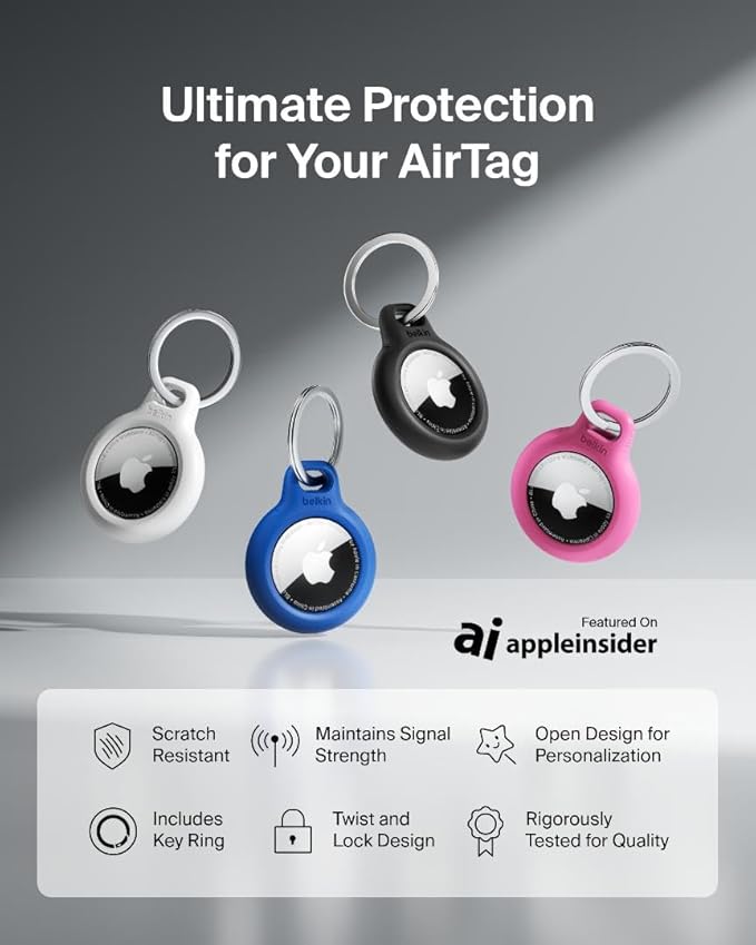 Belkin Apple AirTag Secure Holder with Key Ring - Durable Scratch Resistant Case With Open Face & Raised Edges - Protective AirTag Keychain Accessory For Keys, Pets, Luggage, Backpacks & More - White