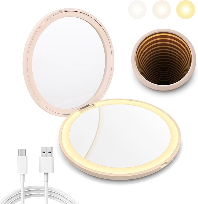 Infinity Travel Lighted Makeup Mirror, Abyss LED Compact Pocket Mirror with Light for Purse, Mini Small Light Up Mirror with 3 Color Lightling, Rechargeable, Handheld,Portable, Folding Pink