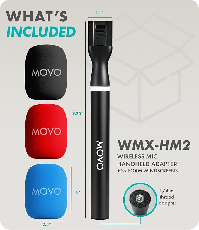 Movo WMX-HM2 Wireless Microphone Handle for DJI Mic, Rode GO II – Handheld Interview Grip with Mic Holder, Adapter & 3 Windscreens – for YouTube, TikTok, Journalism, Content Creation